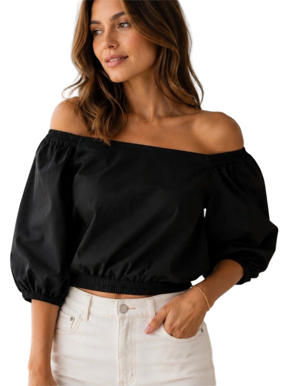 ALEXIS Black Off Shoulder Puff Sleeve Cotton Poplin Crop Top Size M